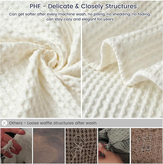 PHF Pre-Washed Cotton Waffle Weave Blanket Throw Size for Couch Bed,Snag Proof Spring Summer Lightweight Breathable,Oeko-TEX Certified,Machine Washable, Home Decor Gift，Cream