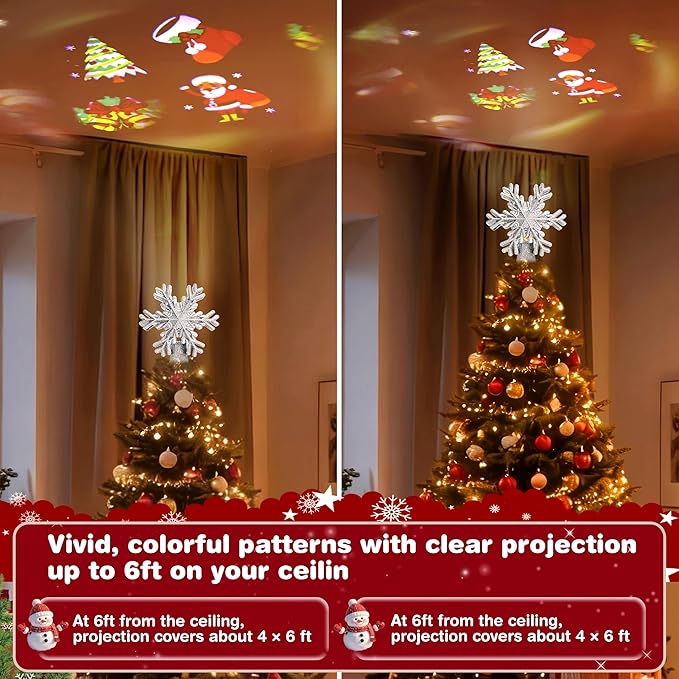 Christmas Tree Toppers Lighted with Silver Snowflake Projector, Built-in 180° LED Rotating Projector Christmas Tree Decoration, Design for Xmas Holiday Christmas Tree Decoration(Silver)