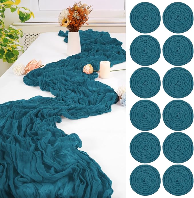 12 Pack Teal Table Runner,Cheesecloth Table Runner,Romantic Sheer Table Runner,10FT Gauze Boho Table Runner,Rustic Cheese Cloth Table Runner for Wedding Party Bridal Shower Table