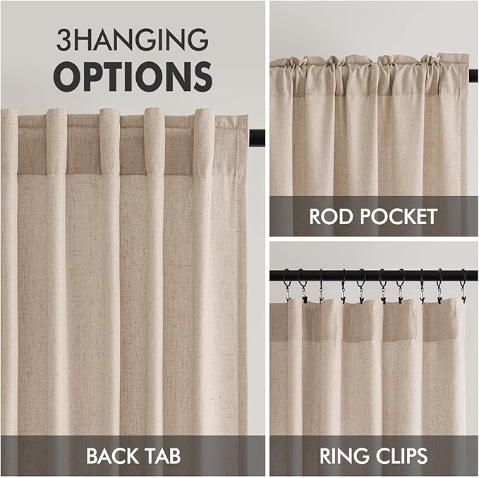 MIULEE Non-See-Through Privacy Linen Curtains 2 Panels, Light Filtering Window Curtains Farnhouse Textured Back Tab Semi Sheer Drapes for Bedroom Living Room, 52 x 96 Inches Long, Beige