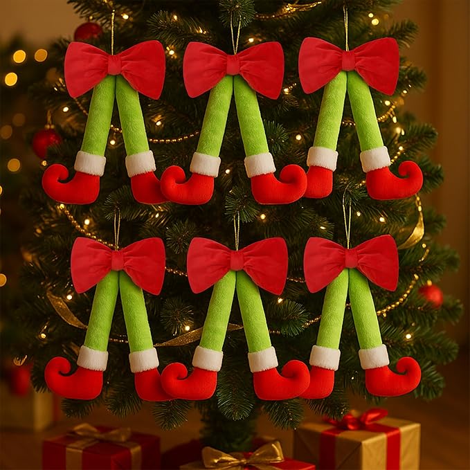 Plush Elf Legs Christmas Wreath Decoration with Large Red Bow - 15.7" Hanging Holiday Decor for Front Door, Wall & Tree (6, Red)