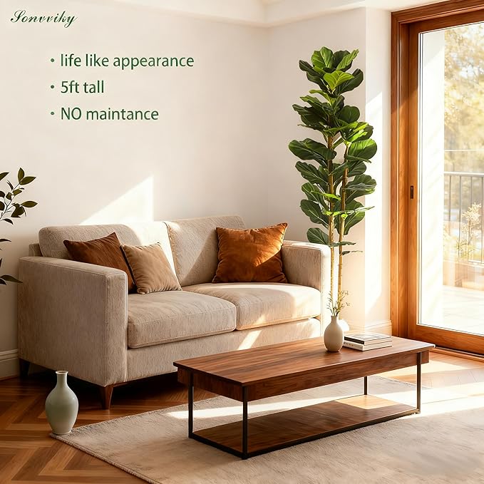 Artificial Fiddle Leaf Fig Tree 5ft, Faux Ficus Tree with Realistic Resin Trunk & Stable White Cement Planter, Fake Indoor Plant for Home Office Decor in Living Room Sonvviky
