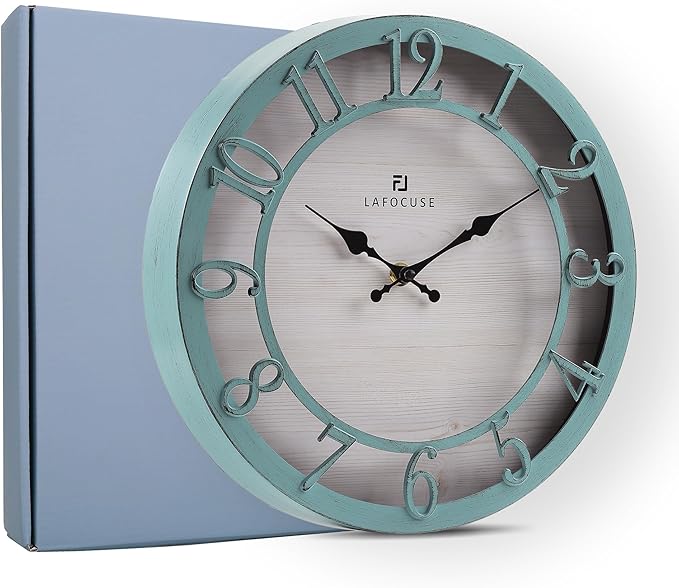 Lafocuse 12 Inch Silent Teal Wall Clocks Battery Operated, Farmhouse Wall Clock for Kitchen Living Room, Rustic Home Décor