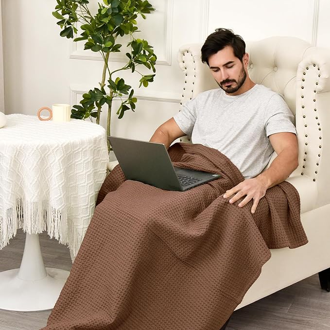 PHF Pre-Washed Cotton Waffle Weave Blanket Throw Size for Couch Bed,Snag Proof Spring Summer Lightweight Breathable,Oeko-TEX Certified,Machine Washable, Home Decor Gift，Cappuccino