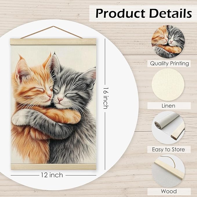Giosve Cat Wall Art Framed Decor, Cute Cat Poster, Cute Canvas Wooden Frames Poster Hanging Wall Art Decor for Home Bedroom Living Room, 12x16 inch