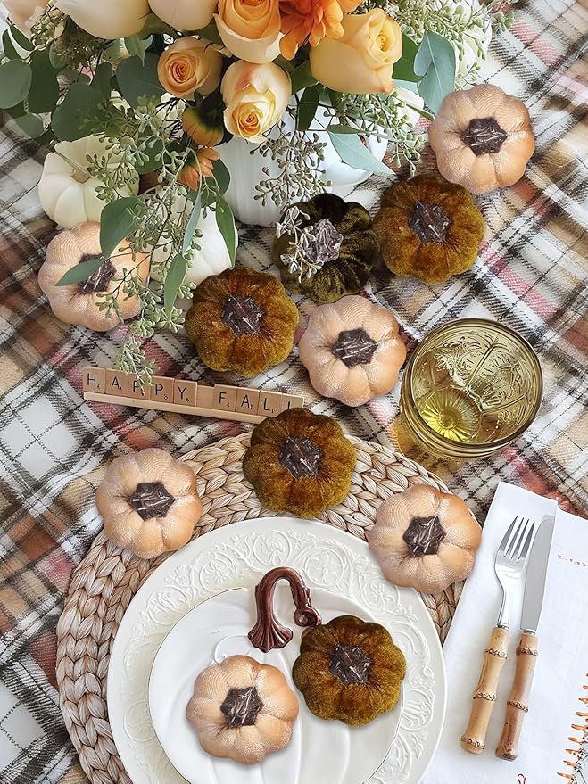 12pcs Fall Pumpkins Decor Set,Artificial Mini Pumpkins for Decorating, Velvet Mixed Fall Pumpkin Decor for Halloween Thanksgiving Harvest Table Centerpieces (Olive Green&Dark Green&Cream)