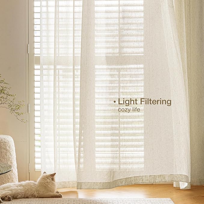 Anmao Flax Linen Curtains for Living Room 90 Inch Length 2 Panels Set, Light Filtering Sheer Window Curtain Drapes for Bedroom with Nickel Grommet, 52 Inch Wide Each Panel, Natural Color