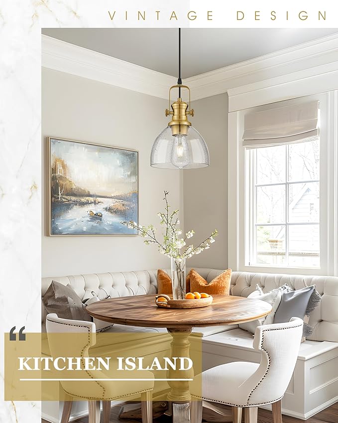Pendant Lights Kitchen Island, 7.5" Farmhouse Pendant Lighting with Clear Seeded Glass Shade, Vintage Hanging Light Fixtures for Dining Room, Brushed Gold, AD-22151-1P-GD