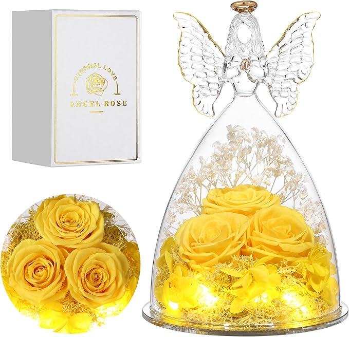 Christmas Rose Gifts for Women Preserved Real Flower in Glass Angel Figurines Roses for Delivery Prime Birthday Gifts for Mom Grandma Girlfriend Wife Her, Yellow