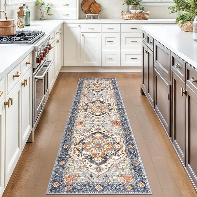 2x7 Washable Runner Rug for Hallways, Ivory Blue Soft Classic Kitchen Rugs with Non-Slip, Non-Shedding Boho Rug for Hallways Entryway Bedroom Bathroom Laundry Indoor