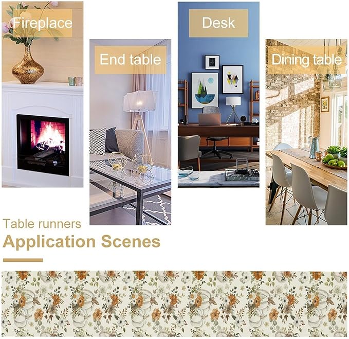 Fall Pumpkin Table Runner Rustic Floral Watercolor Plants White Vegetables Flowers Pastoral Theme Home Decor for Farmhouse Indoor Outdoor Party Holiday Dining Kitchen Restaurant Cafe W13xL108in