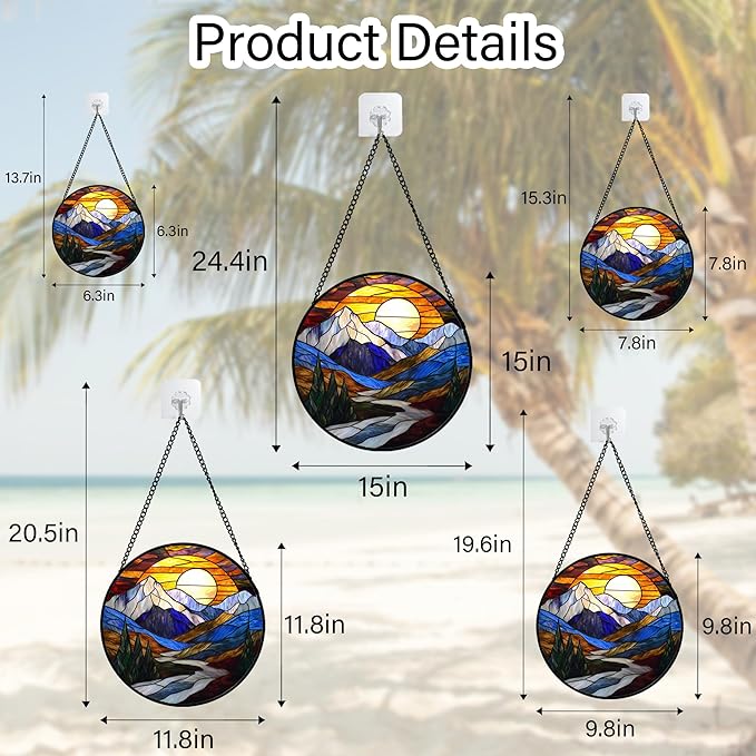 Stained Glass Window Hanging, Yellow Blue Sunset Mountains Scenery Sun Catcher for Window Home Decor Landscape Suncatcher Mother's Day Birthday Gifts for Women Men Mom and Nana 11.8 in