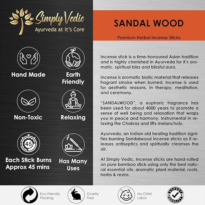Simply Vedic Sandalwood Incense Sticks 250g (Approx. 135 Handmade Sticks) with Free Holder | 45 Min Burn | Natural Charcoal-Free Agarbatti for Meditation, Yoga, Aromatherapy, Relaxation