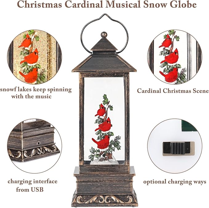 Cardinal Snow Globe, 12 Inch Musical Snow Globe Lantern, Lighted Christmas Snow Globes with Swirling Glitter, USB and Battery Operated Lantern for Home Decor, Christmas Decoration