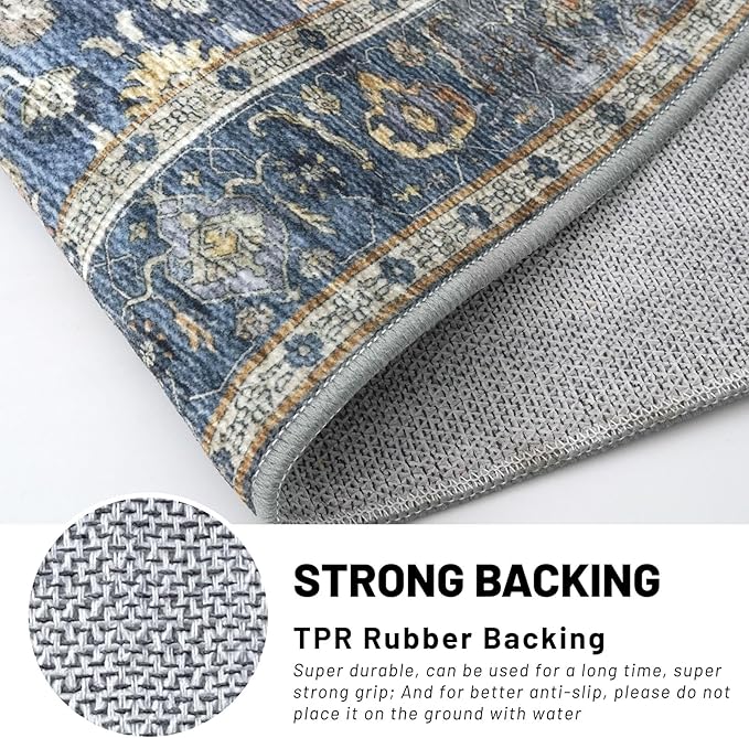 KUTA Vintage Area Rug 4x6 Washable Rug Blue Grey Beige Traditional Floor Cover Foldable Ultra Thin Soft Retro Accent Indoor Distressed Non Slip Carpet Floral Print Mat Bedroom Living Room Dorm Office
