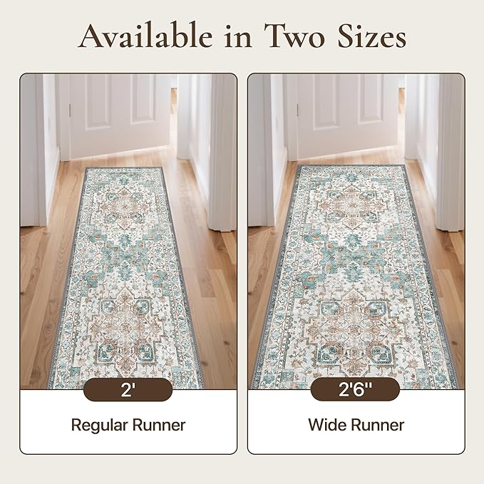 GENIMO 2‘6“x10 Runner Rugs for Hallway, Machine Washable Non Slip Vintage Rugs, Low Pile Lightweight Soft Print Rug for enrtyway, Corridor, Home Office, Kitchen, Cyan
