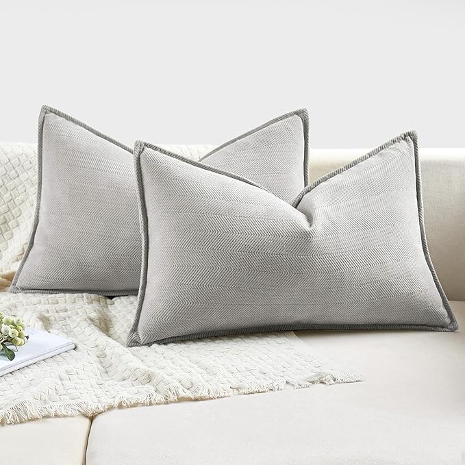 MIULEE Pack of 2 Light Grey Decorative Lumbar Pillow Covers 12x20 Inch Soft Chenille Luxurious Couch Throw Pillows Farmhouse Cushion Covers with Elegant Design for Sofa Bedroom Living Room Home Decor