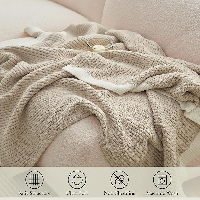 Amélie Home Waffle Throw Blanket for Couch, Soft Cozy Chenille Knit Blanket Warm Decorative Throw for Sofa, 50"x60", Beige