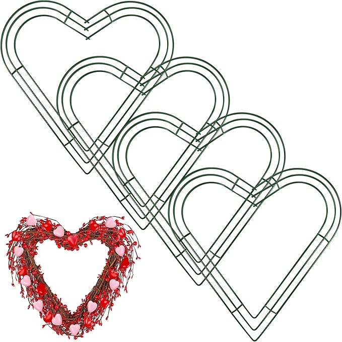 Aodaer 4 Pack 16 Inch Heart Wire Wreaths Frame Heart Metal Wreath Garland Green Wire Flower Wreath for Valentine's Day, Wedding Party, Home Ceremony Decoration