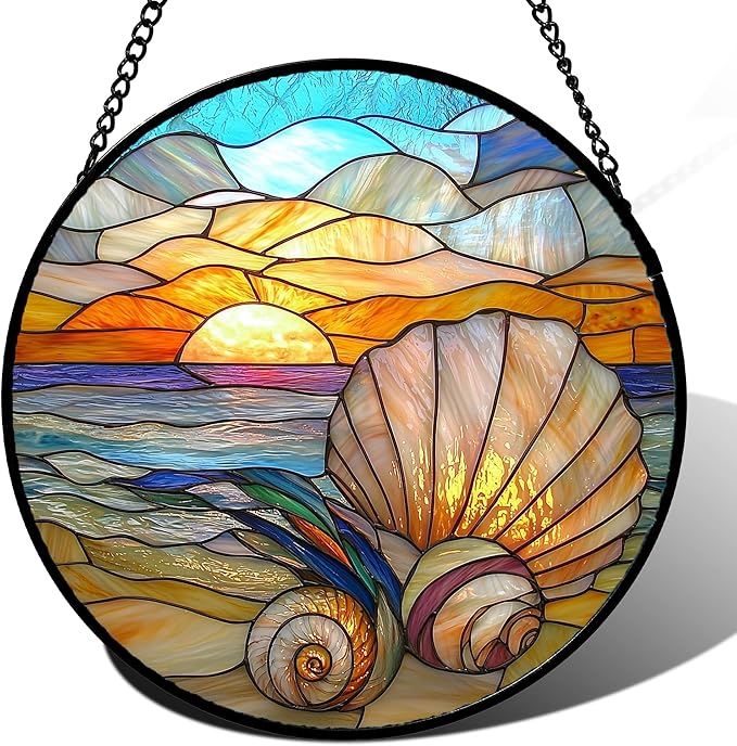 Stained Glass Window Hanging - Colorful Beach Shells Conch Sun Catcher for Door Home Decor Ocean Suncatcher Christmas Mother's Day Birthday Sea Lover Gifts for Women Men Mom Nana 6.3 in
