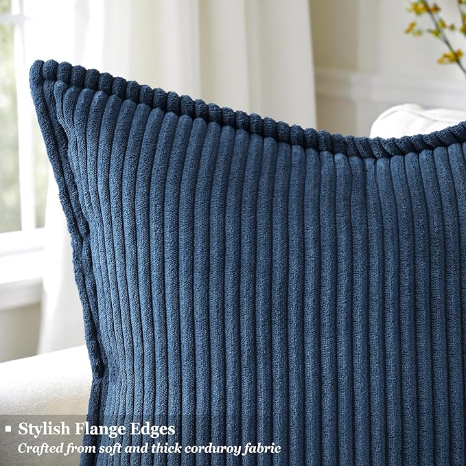 decorUhome Corduroy Navy Blue Throw Pillow Covers 24x24 Set of 2 Decorative Soft Boho Farmhouse Euro Couch Pillow Covers for Living Room Bed Sofa Broadside Striped Pillow Cases