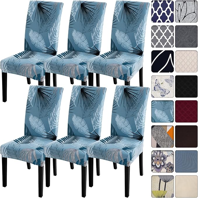 SearchI Summer Pattern Dining Room Chair Covers Set of 6, Stretch Printed Parsons Chair Slipcovers Spandex Removable Washable Kitchen Chair Protector Cover for Dining Room, Hotel, Ceremony (Blue)