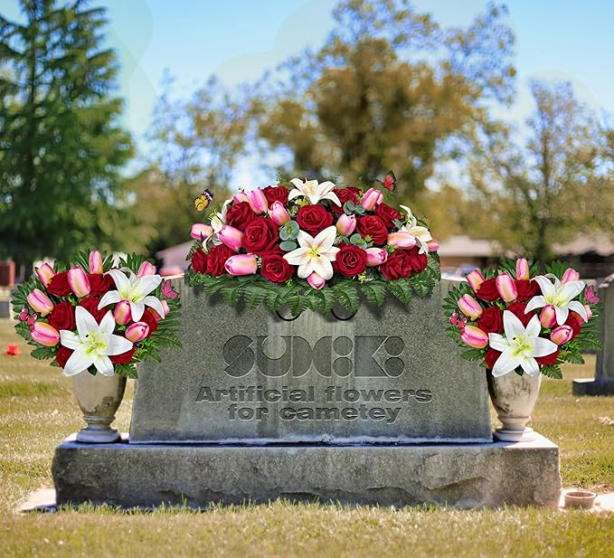 Artificial Cemetery Flowers – Realistic Silk Flower Outdoor Grave Decorations,Headstone Flower Saddle, Non-Bleed Colors, and Easy Fit - Pink Tulip,White Lily and Red Rose
