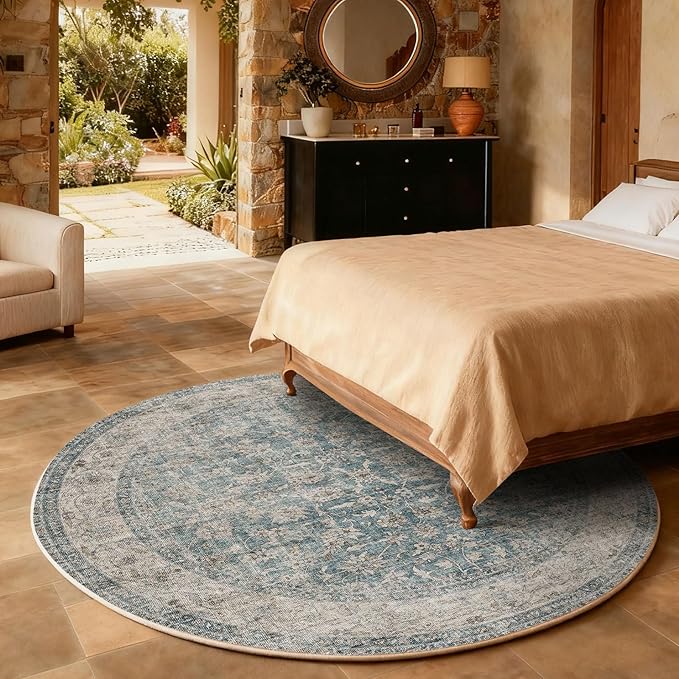 4x4 Round Bedroom Rug Washable: Living Room Rug Stain Resistant Non Slip Low Pile Small Carpet for Bedroom Kitchen Entryway Living Room Bedside Office Dorm Kids Room Entrance