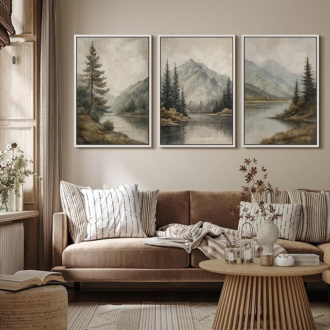 MUDECOR Framed Wall Art Print Set Mountain Landscape Nature with Trees, Lake, and Mountains, Rustic Illustrations Modern Art Decorative Colorful for Living Room, Bedroom, Office - 16"x24"x3 White