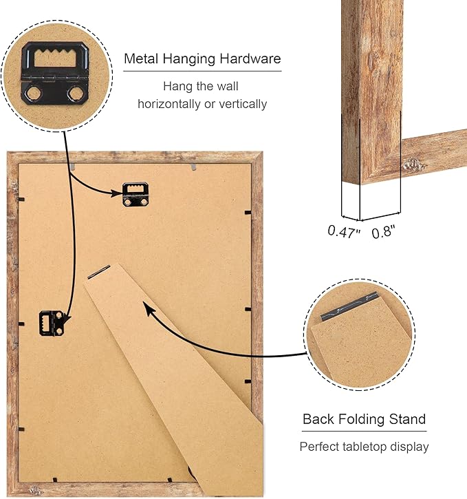 10x14 Picture Frame Set of 2, 10 x 14 Wood Photo Frames with Mat for 8x12, Natural Wooden Frame with Real Glass Cover for Wall and Tabletop Display,Brown