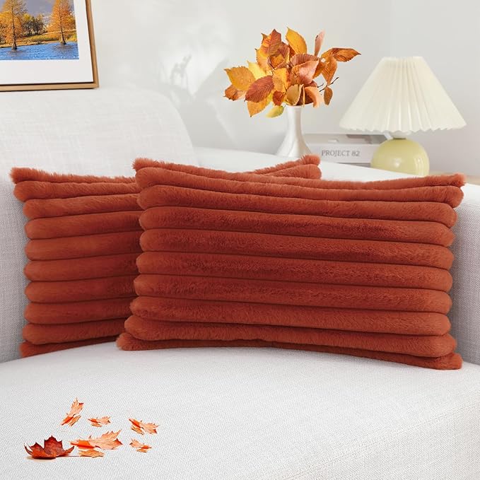 decorUhome Faux Fur Thanksgiving Day Throw Pillow Covers 12x20 Set of 2, Decorative Soft Plush Striped Neutral Couch Euro Pillow Covers with Velvet Back for Sofa, Bed, Living Room Home Decor, Rust