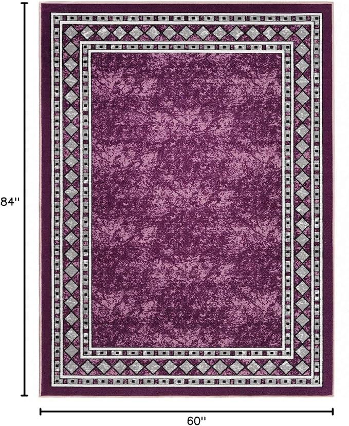 Antep Rugs Alfombras Modern Bordered 5x7 Non-Skid (Non-Slip) Low Profile Pile Rubber Backing Indoor Area Rugs (Purple, 5' x 7')