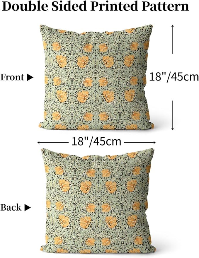 William Morris Pillow Covers 18x18 Inch Orange Floral Botanical Print Pillow Protectors with Zipper Standard Size Vintage Flower Antique Pillow Cases Mid Century Modern Bed Pillow Covers Set of 2