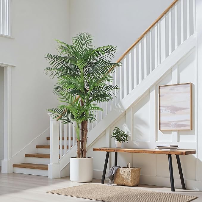 7ft Tall Triple Golden Cane Palm Artificial Tree, Large Topical Fake Tree with 24 Realistic Leaves Artificial Plants in Pot for Indoor Outdoor Home Office Living Room