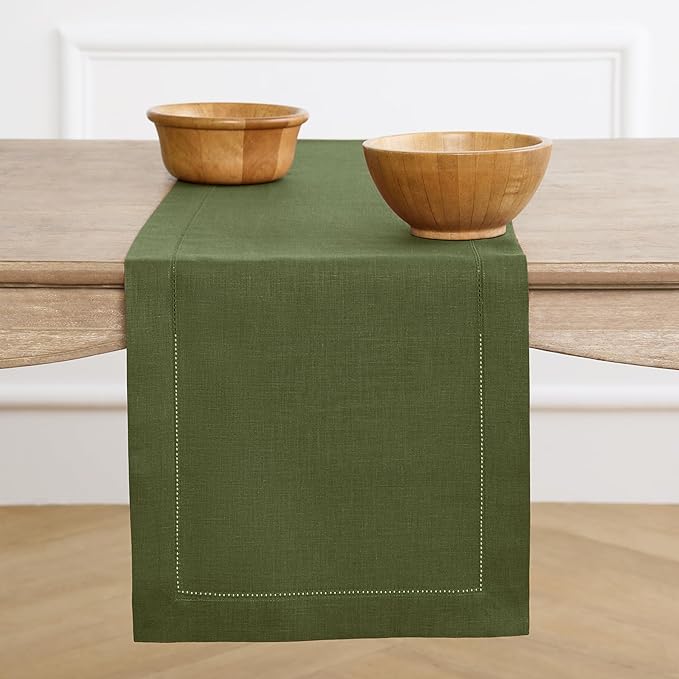 Solino Home Linen Olive Table Runner 132 Inches Long - 100% Pure Linen Extra Long Table Runner 14 x 132 Inch for St Patricks Day - Classic Hemstitch