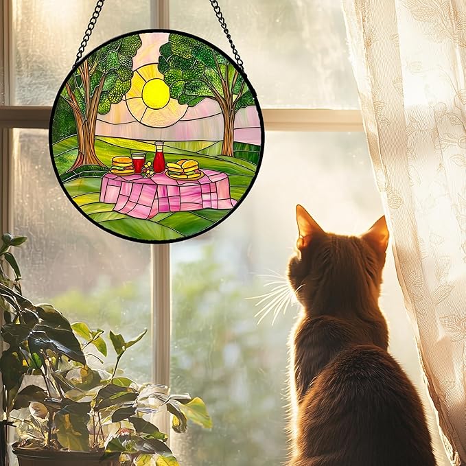 Stained Glass Window Hanging 4 Pcs Set Pink Green Spring Saplings Flowers Large 11.8" - Suncatcher Door Garden Sun Catcher Home Decor Mother's Day for Woman Nana Mom Men