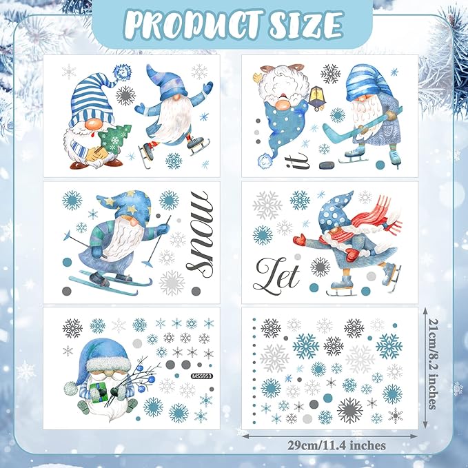135 Pcs Winter Wall Decals Snowy Winter Gnome Stickers Snowflake Wall Decals White and Blue Stickers Christmas Window Clings for Home Bedroom Kitchen Decor Gift