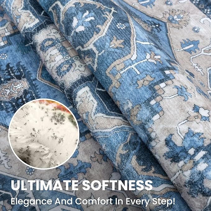 3x5 Washable Area Rug for Entryway, Blue Soft Boho Rug with Non-Slip, Low-Pile Vintage Floor Area Rugs for Living Room Bedroom Dining, Dorm Carpet with Non-Shedding