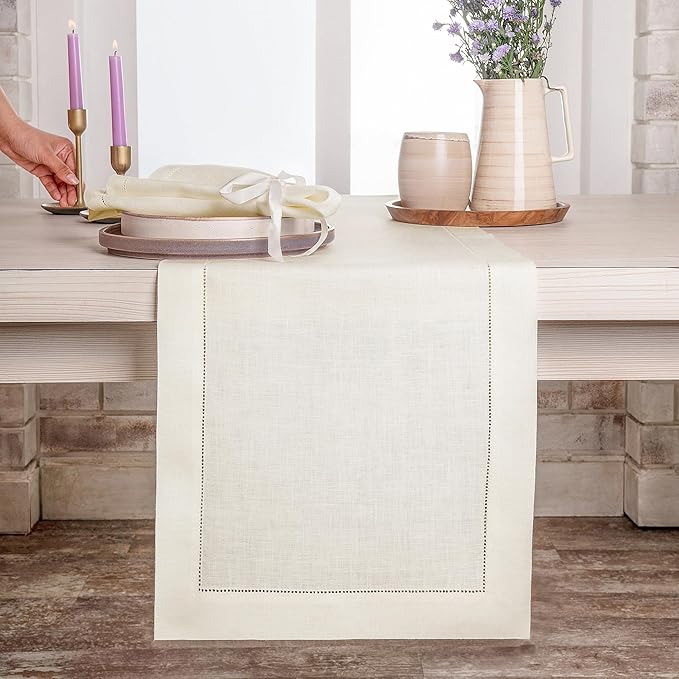 D'Moksha Homes Linen Ivory Table Runner 72 Inches Long - 100% Pure Linen Hemstitch Table Runner 14 x 72 Inch for Dresser, Dining, Valentines, Spring, Easter - Classic Hemstitch
