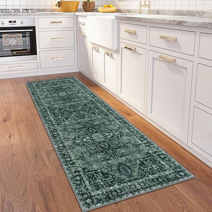KOZYFLY Runners for Hallways 2x6 Ft Washable Kitchen Runner Rug Boho Runner Rug for Entryway Indoor Printed Oriental Faux Wool Floor Carpet Runner for Bedroom Kitchen Hall, Dark Green