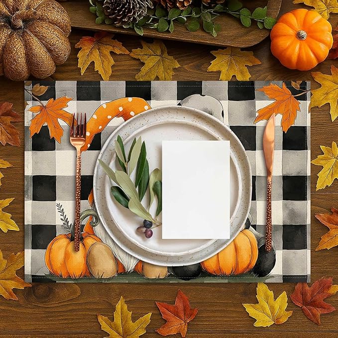 Double Side Set of 4 Gnome Fall Placemats Seasonal Autumn Maple Leaves Buffalo Plaid Table Mats for Indoor Outdoor Home Party Dining Decor Farmhouse Burlap Table Mats 12x18 Inch #WP014