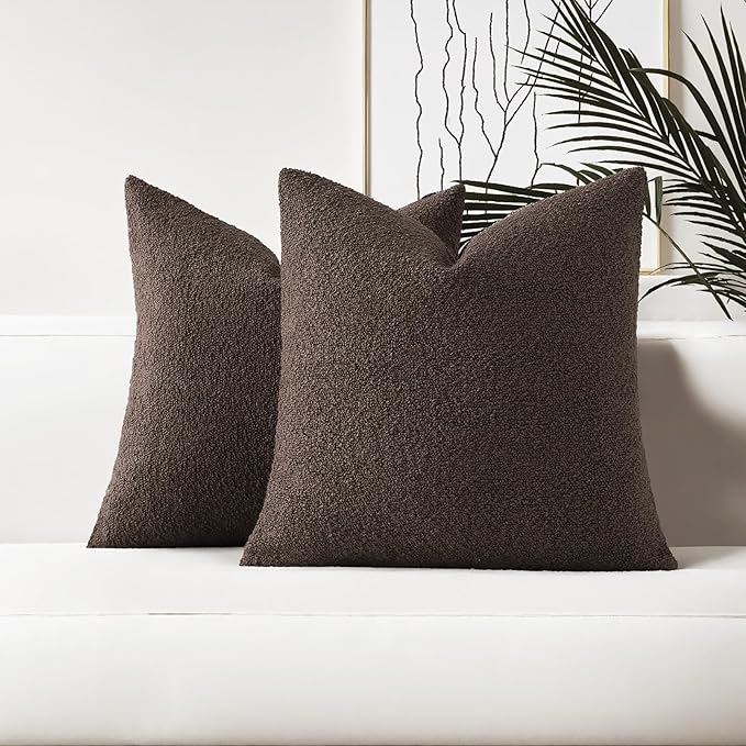 HAUSSY Set of 2 24x24 Decorative Throw Pillow Covers, Soft Cozy Textured Boucle Couch Cases, Home Decor for Couch Bed Living Room, Dark Coffee