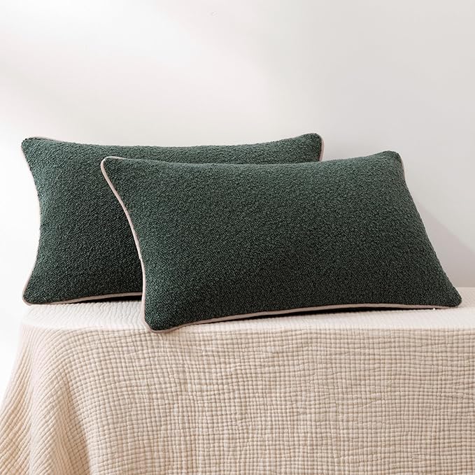 Amazon Basics Boucle Lumbar Throw Pillow Covers for Couch, Living Room, Home Decor with Hidden Zipper, Green, 12×20in, Pack of 2