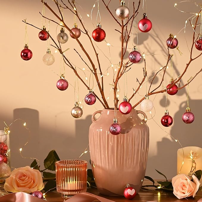 DecorbyHannah Mini Valentines Day Christmas Tree Ornaments Decorations, 49ct 1.18Inch Small Pink Red Heart Ornaments for Tree, Shatterproof Hanging Valentine's Day Decor for Wedding Anniversary Party