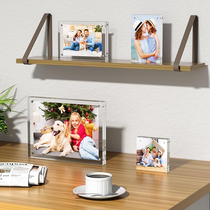 AITEE 5x5 Acrylic Picture Frames 3 Pack, 20% Thicker Block, Clear Picture Frames Freestanding Double Sided Magnetic Acrylic Lucite Frameless Transparent Square Frame Gift for Desktop Display