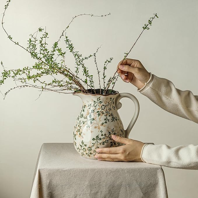 Green and White Vintage Vase with Handle, Chinoiserie Floral Pitcher Vase, Rustic Ceramic Farmhouse Vases for Home Decor, Living Room, Bookshelf, Office, Grand Millennial Decors, Tuscan Decor 7.9 Inch
