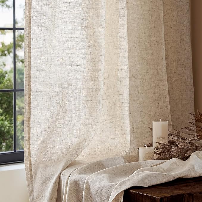 jinchan Beige Linen Blend Curtain 90 Inches Length 1 Panel for Bedroom Living Room, Light Filtering 84 Inches Wide Natural Farmhouse Drape with Rod Pocket Back Tab (84W x 90L, Ecru)
