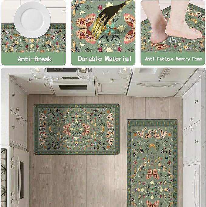 Anti Fatigue Mats for Kitchen Floor Green Kitchen Rugs Sets of 2 Bug Insect Butterfly Non Slip Cushioned Waterproof Comfort Memory Foam Standing Floor Mat for Office Laundry Sink Desk