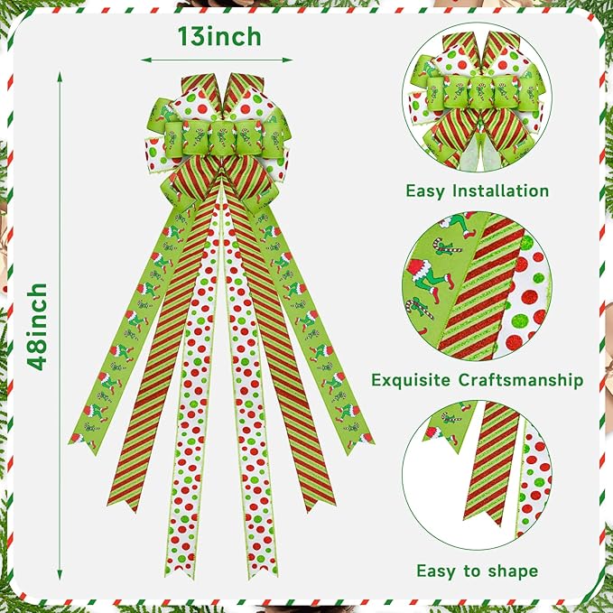 Christmas Tree Topper 48" x 13", Red Large Velvet Bow with Long Streamers, Wired Edge Decorative Bow for Wreath Door Holiday Party Festival Xmas Decoration Supplies-Green