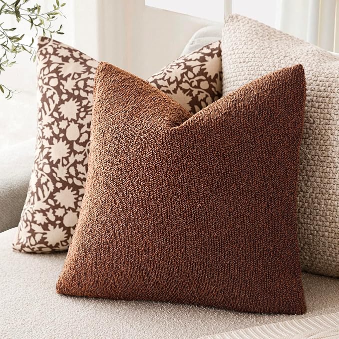Foindtower Set of 2, Decorative Textured Boucle Throw Pillow Covers Accent Solid Pillow Cases Neutral Soft Cozy Couch Cushion Case for Chair Sofa Bedroom Living Room Home Decor 26x26 Inch Red Taupe